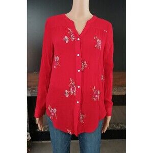 Zac & Rachel Women's Top SMALL Red Floral Embroidered Button Up Roll Tab Sleeves